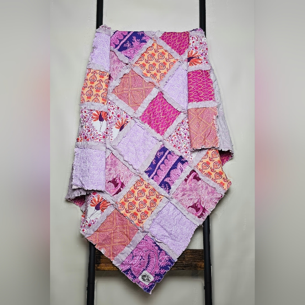 Purple and Pink Peacocks Crib Bedding Rag Quilt